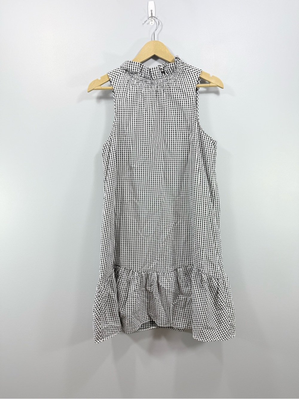 Tyler Boe Sleeveless Gingham Ruffle-Hem Clinched Neck Dress Black White